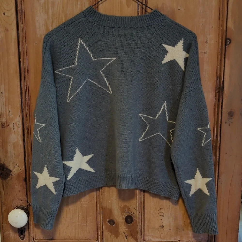 moon & madison Blue Crewneck Sweater with Ivory Star Motif - Picture 4 of 4